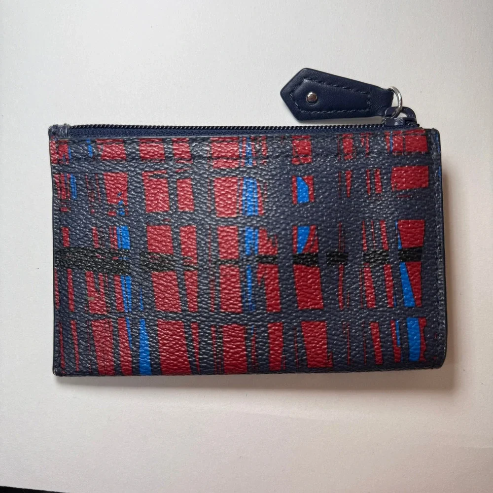 Vera Bradley Plaid Print Small Zip Coin Card Holder Keychain Red Navy